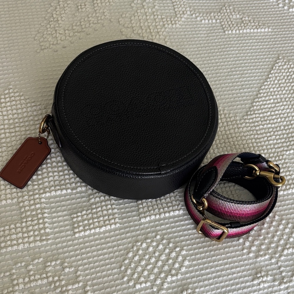 Coach Kia Black Round Crossbody Bag with Pink Strap